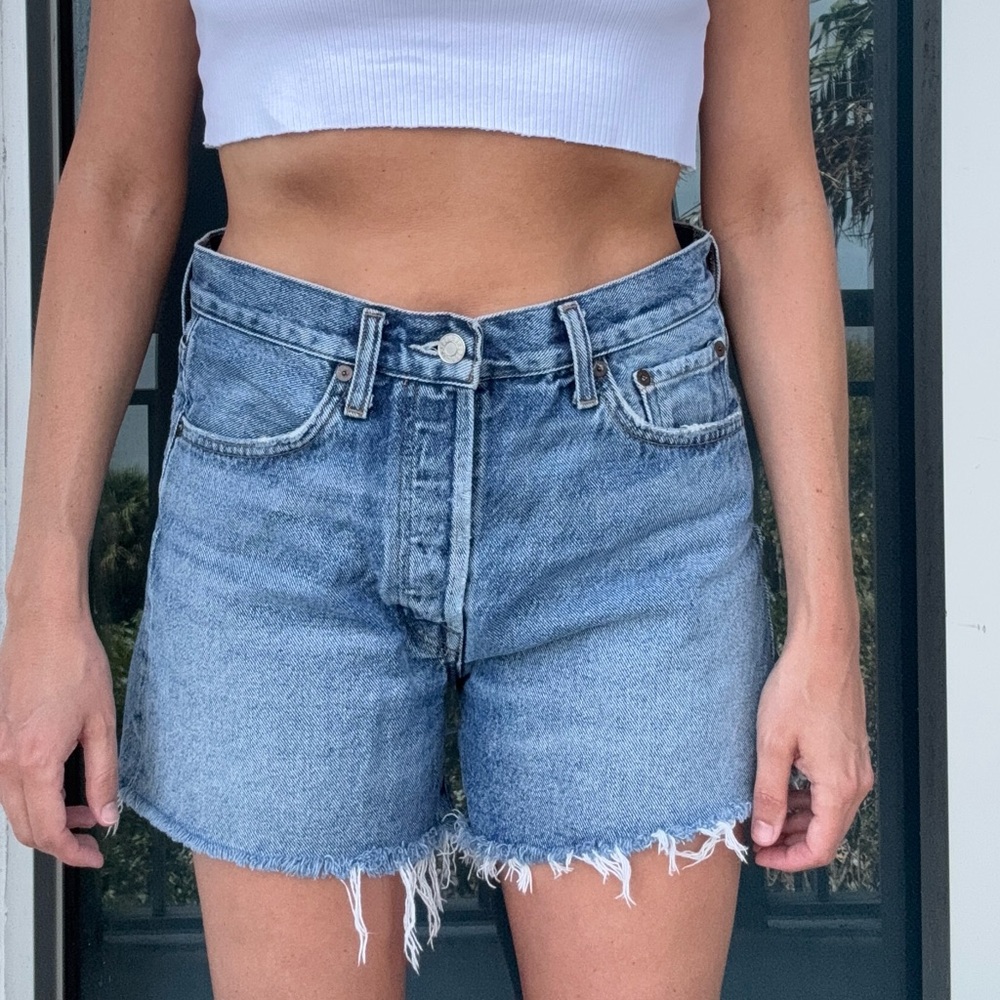 Agolde Light Blue High-Rise Frayed Hem Jean Shorts